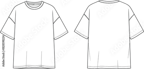 Black and white technical drawing of a short sleeve t-shirt front and back views