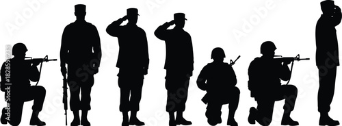 Black silhouette figures of soldiers in various stances holding rifles and saluting