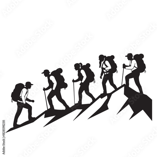 Silhouette of hikers climbing a mountain trail with backpacks and trekking poles