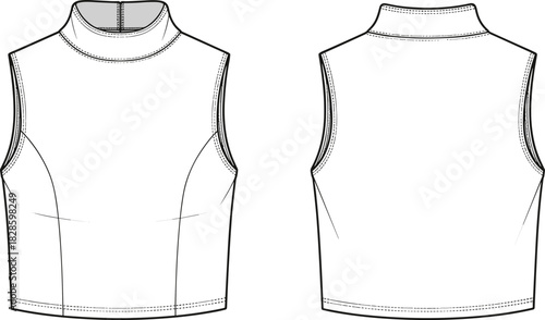 Black and white technical drawing of a sleeveless mock neck crop top front and back views