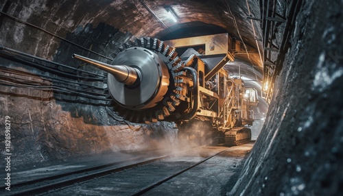 Tunnel Boring Machine Working in a Mine Shaft Creating a New Passage for Extraction Operations