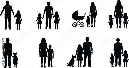 Black silhouettes of families and a baby stroller on white background family people