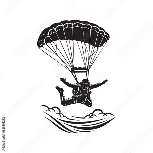 Black and white illustration of a skydiver with a parachute soaring high