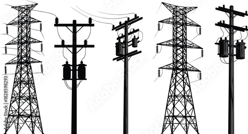 Black silhouette of electricity pylons and utility poles with transformers power line