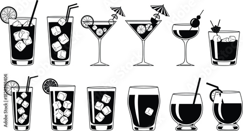Collection of black and white vector illustrations of various alcoholic and non-alcoholic cocktails and drinks