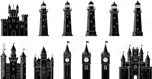 Collection of black silhouette castles lighthouses and clock towers building
