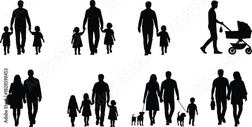 Collection of black silhouettes of families walking with children and pets family