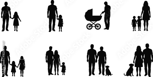Collection of black silhouettes of families and couples with children and pets family