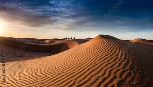 Golden hour light bathes vast, rippling sand dunes in a serene desert, a distant camel caravan traversing the tranquil horizon under a beautiful gradient sky
