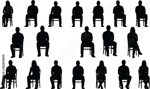 Collection of black silhouettes of people sitting on chairs in various poses vector