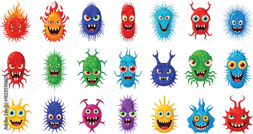 Collection of twenty colorful cartoon microbes with various expressions and appendages