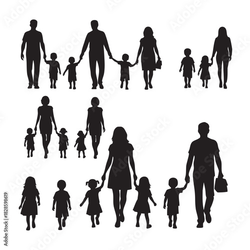 Family silhouette group of people walking together representing motherhood and childhood