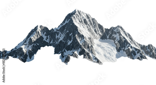 towering, snow-capped jagged granite peaks emerge from low inversion fog, isolated on white. dramatic chiaroscuro studio lighting emphasizes ultra-detailed texture. concept of powerful natural