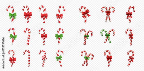 A collection of festive red and white striped candy canes, some adorned with red and green bows, perfect for Christmas and holiday designs.