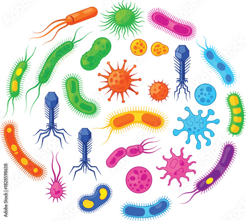 Colorful cartoon bacteria viruses and bacteriophages arranged in a circle microbe