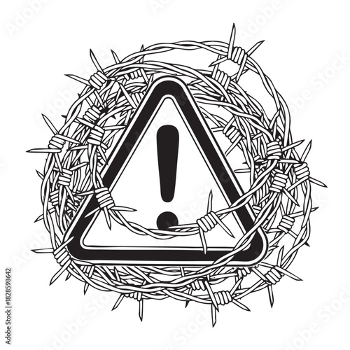 Barbed wire and exclamation mark warning symbol in black and white design