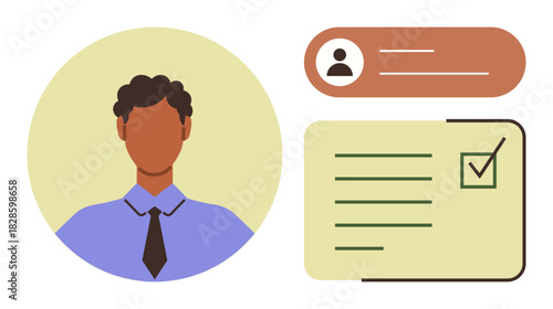 Business professional avatar with a profile card displaying user details and a checklist. Ideal for recruitment, HR management, online profiles, workflow, organization, task tracking, corporate
