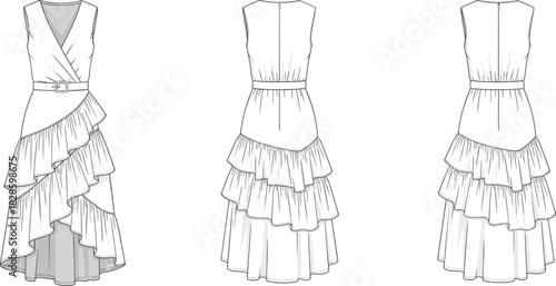 Fashion illustration of a sleeveless wrap dress with tiered ruffles and a belt v-neck