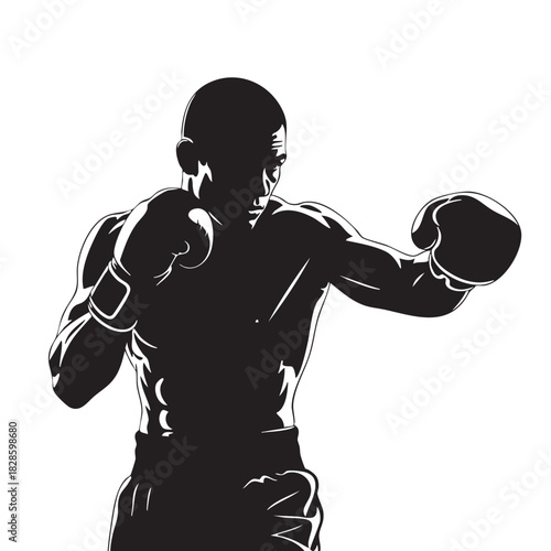 Dynamic black and white vector illustration of a muscular boxer athlete