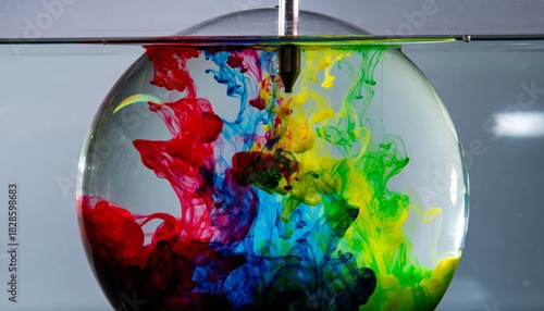 Vibrant multicolored inks swirling and diffusing in a clear glass sphere filled with water, creating abstract patterns