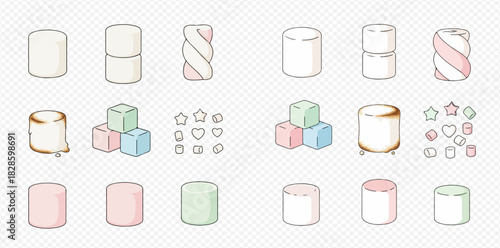Cute cartoon marshmallows in various shapes and pastel colors, including cylinders, cubes, stars, and hearts.