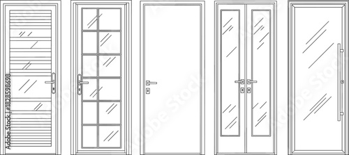 Five different styles of doors shown in a black and white line drawing entrance entryway