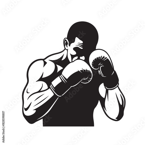 Powerful boxer in stance with gloves ready for action black and white