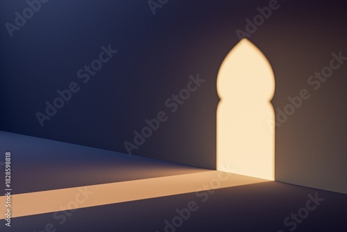 A soft light casts a shadow of an muslim style arched doorway on a dark wall, creating a serene and minimalist atmosphere with geometric shapes.