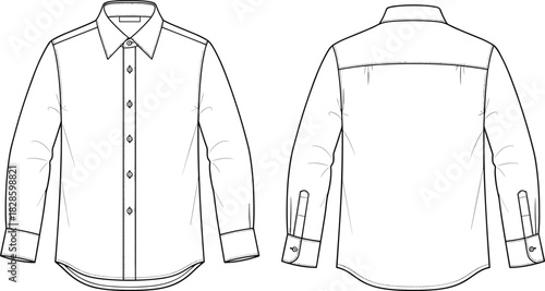 Front and back flat sketch of a long sleeve button down collared shirt clothing apparel