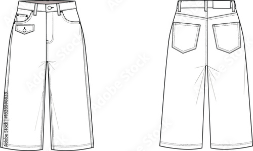 Front and back flat sketch of wide leg culotte jeans with pockets and belt loops