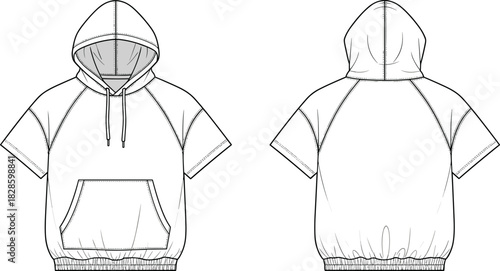 Front and back flat sketch of a short sleeve hooded sweatshirt with pocket hoodie