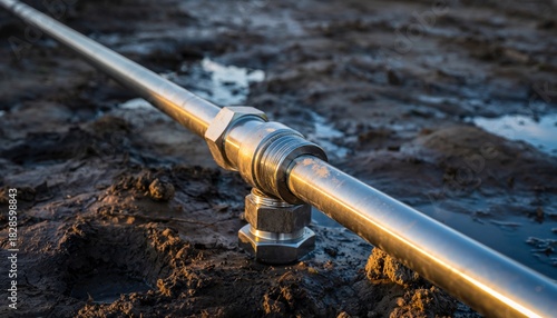 Close-up of a metal pipeline crossing rough terrain, highlighting industrial infrastructure and resource transportation