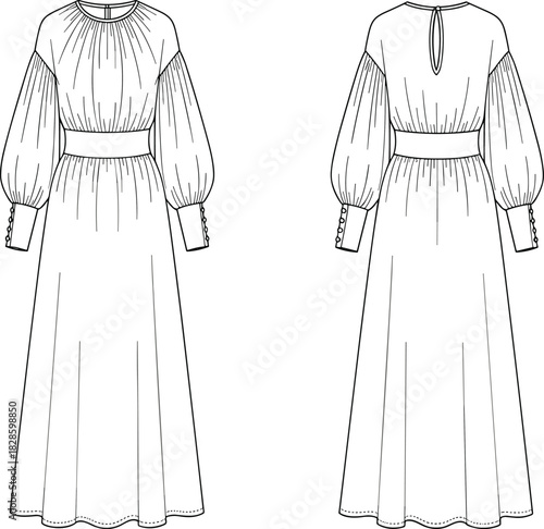 Front and back view fashion illustration of a long sleeve gathered waist midi dress