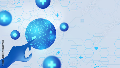 Digital health network background. Hand touching glowing medical globe with icons. Futuristic telemedicine concept with ample copy space.