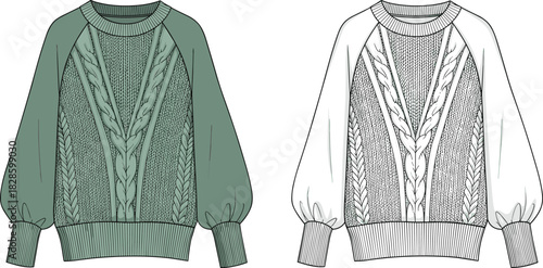 Green cable knit sweater with balloon sleeves and ribbed cuffs and hem knitwear