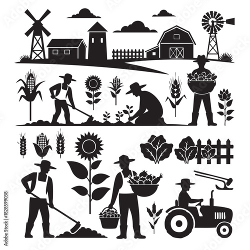 Farmers working on farm with wheat corn and sunflower silhouettes art