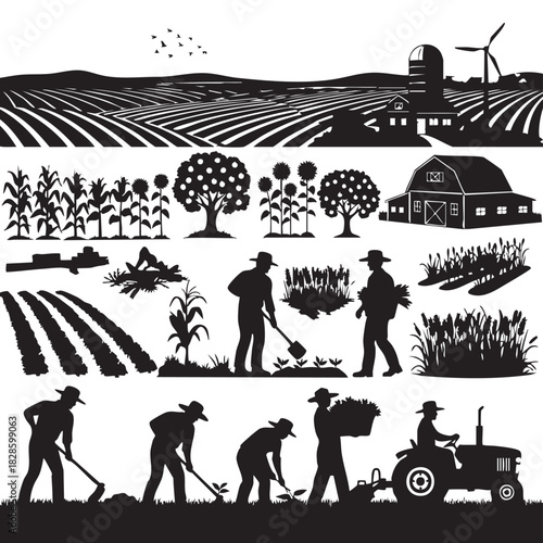 Silhouette of Farmers Working in Fields with Corn Sunflowers and Fruit Tree
