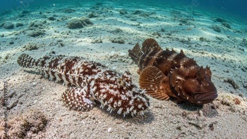 Fototapeta Naklejka Na Ścianę i Meble -  Two scorpionfish on a sandy seabed with a colorful coral reef in the background.