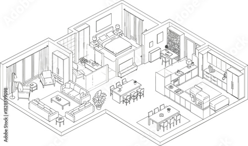 Isometric line drawing of a modern apartment floor plan with furniture interior