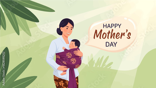 Loving mother gently cradles her baby in a heartwarming illustration