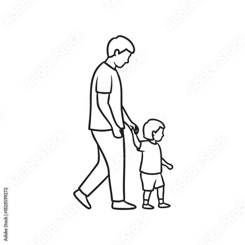 Line drawing illustration of father and child walking together in unity