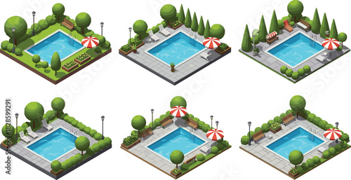 Six isometric swimming pool scenes with lounge chairs and umbrellas outdoor leisure