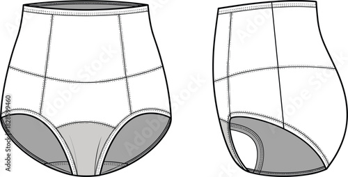 Vector fashion flat sketch of high waisted briefs front and side view underwear fashion sketch