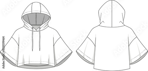 White cropped poncho hoodie front and back fashion flat sketch fashion sketch clothing