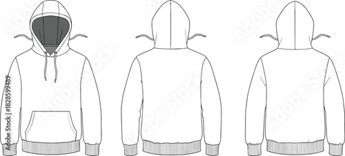 White hooded sweatshirt front back and side view flat sketch hoodie clothing