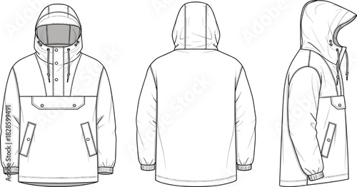 White hooded pullover jacket technical drawing front back and side views hoodie outerwear