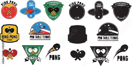 Table tennis logo bundle, ping pong badge set, championship emblem design, club branding icons, sports vector graphics, player award symbols