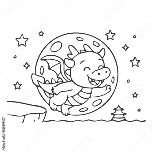Cute Chinese mythological dragon flying through the night sky with glowing moon and sparkling stars. Simple bold outline coloring page for kids.