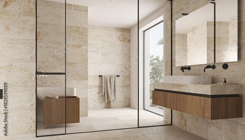 Minimalist Luxury Bathroom Interior with Natural Stone Walls and Floating Wooden Vanity; Ideal for high-end architectural design portfolios, real estate staging, and premium home decor catalogs.