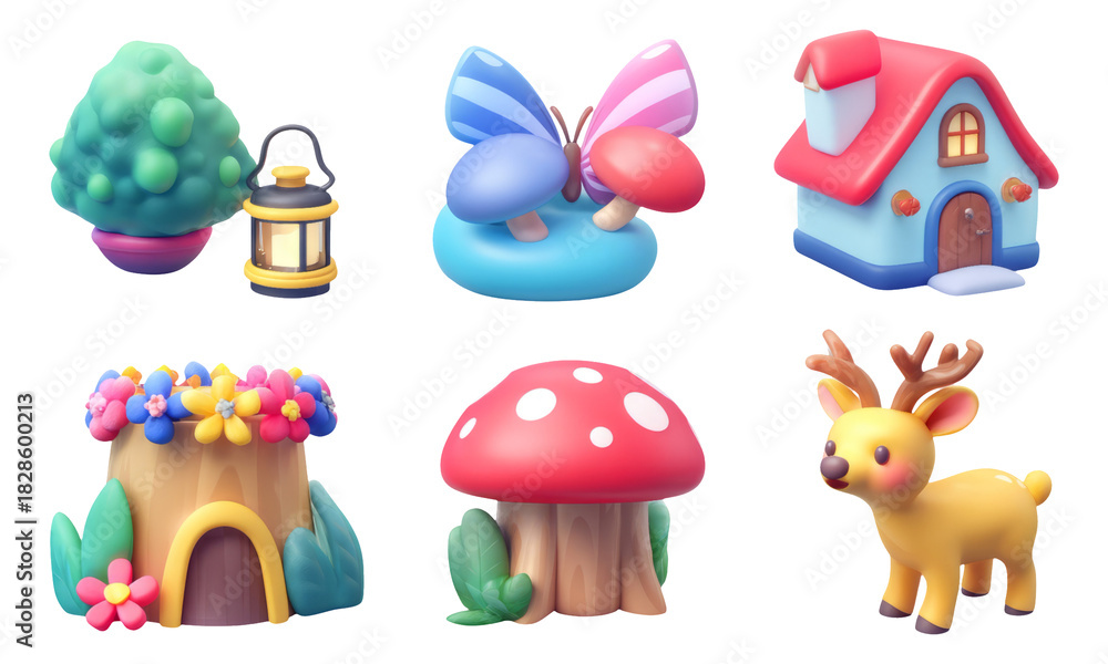 Obraz premium Whimsical 3D Illustration of Mythical Creatures and Forest Elements in Nature